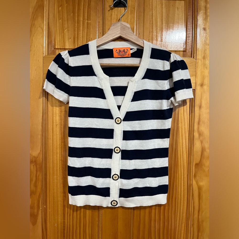 Vintage Y2K Juicy Couture Terry Cloth Preppy Blue and White Cardigan Size Small